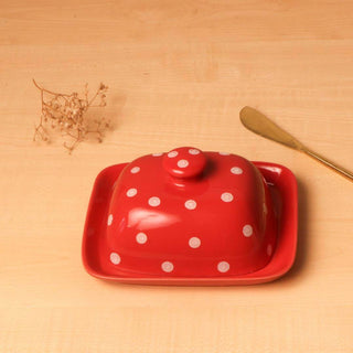 Red Polka Dots Butter Dish- Hand Painted | Hand Textured |  Set of 1 | Ceramic | Ideal for storing the butter - PotteryDen