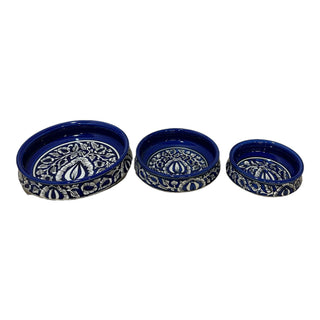 Traditional Blue & White Shallow Serving Bowl - Hand Painted | Hand Textured |  Set of 3 | Ceramic | Ideal for serving food items - PotteryDen