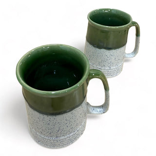 White blue speckles and olive green shaded PotteryDen Beer Mug - Height 12 cm | diameter 9 cm | Hand Painted | Hand Textured |  Set of 2 | Ceramic | Ideal for drinking beer - PotteryDen