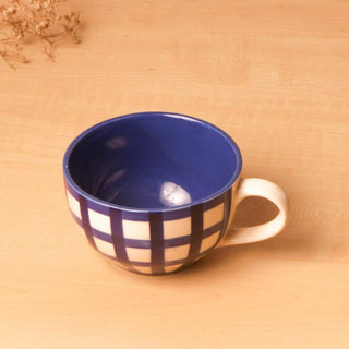 Blue Checks Cappuccino Coffee Cup - Height 6 cm | diameter 10.5 cm | Hand Painted | Hand Textured | Set of 1 | Ceramic | 350 ml | Ideal for Tea and Coffee PotteryDen