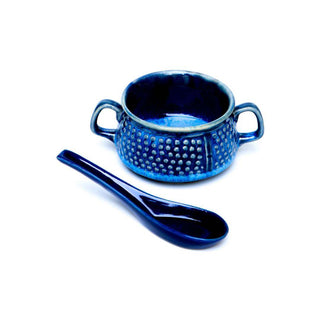 Blue Two Handle Soup Cup with Spoon - Height 7 cm | diameter 11 cm | Hand Painted | Hand Textured |  Set of 1 | Ceramic | Ideal for soup serving - PotteryDen