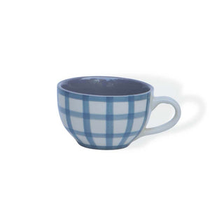 Blue and Grey Checks Cappuccino Coffee Cup - Height 6 cm | diameter 10.5 cm |  Hand Painted | Hand Textured |  Set of 1 | Ceramic |350 ml | Ideal for Tea and Coffee - PotteryDen