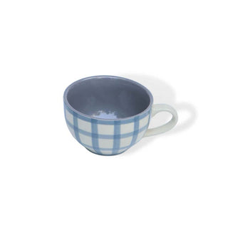 Blue and Grey Checks Cappuccino Coffee Cup - Height 6 cm | diameter 10.5 cm | Hand Painted | Hand Textured | Set of 1 | Ceramic |350 ml | Ideal for Tea and Coffee PotteryDen