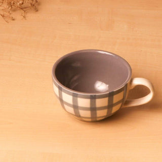 Blue and Grey Checks Cappuccino Coffee Cup - Height 6 cm | diameter 10.5 cm | Hand Painted | Hand Textured | Set of 1 | Ceramic |350 ml | Ideal for Tea and Coffee PotteryDen
