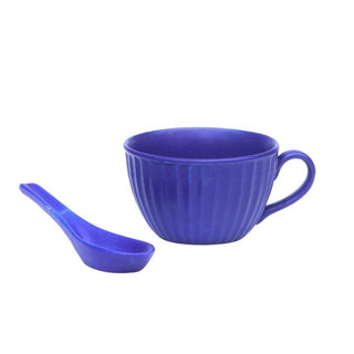 Blue royal soup cup with spoon - Height 7 cm | diameter 11 cm | Hand Painted | Hand Textured |  Set of 1 | Ceramic | Ideal for soup serving - PotteryDen