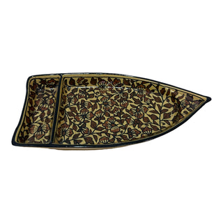 Boat shaped snack plate - Brown traditional design | Hand Painted | Hand Textured |  Set of 1 | Ceramic | Ideal for serving snack items - PotteryDen