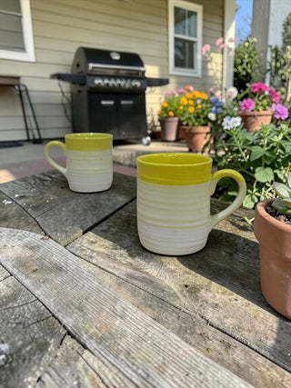 Lime yellow with white Tea Coffee Cup | Hand Painted | Set of 2 | Ceramic Pottery | Ideal for serving tea or coffee
