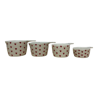 Measuring cup set Eggshell white with red hearts - Hand Painted | Hand Textured |  Set of 4 | Ceramic | Ideal for measuring baking items - PotteryDen
