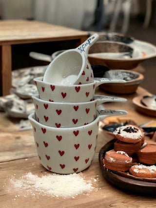 Measuring cup set Eggshell white with red hearts - Hand Painted | Hand Textured |  Set of 4 | Ceramic | Ideal for measuring baking items - PotteryDen