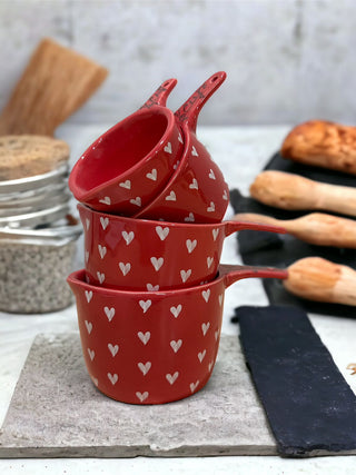 Measuring cup set Red with white hearts - Hand Painted | Hand Textured |  Set of 4 | Ceramic | Ideal for measuring baking items - PotteryDen