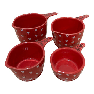 Measuring cup set Red with white hearts - Hand Painted | Hand Textured |  Set of 4 | Ceramic | Ideal for measuring baking items - PotteryDen