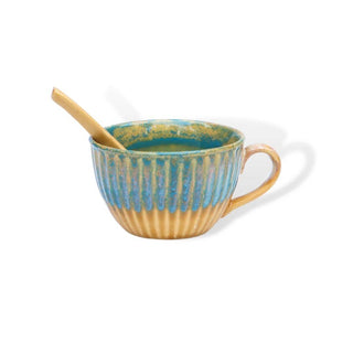 Mustard and green shaded soup cup with spoon - Height 7 cm | diameter 11 cm | Hand Painted | Hand Textured |  Set of 1 | Ceramic | Ideal for soup serving - PotteryDen