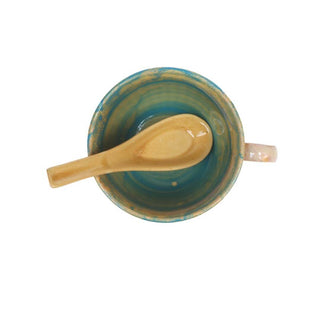 Mustard and green shaded soup cup with spoon - Height 7 cm | diameter 11 cm | Hand Painted | Hand Textured |  Set of 1 | Ceramic | Ideal for soup serving - PotteryDen