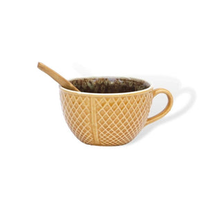 Mustard yellow cone textured soup cup with spoon - Height 7 cm | diameter 11 cm | Hand Painted | Hand Textured |  Set of 1 | Ceramic | Ideal for soup serving - PotteryDen