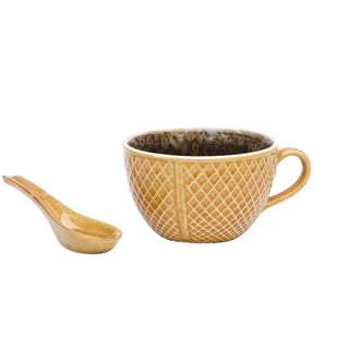 Mustard yellow cone textured soup cup with spoon - Height 7 cm | diameter 11 cm | Hand Painted | Hand Textured |  Set of 1 | Ceramic | Ideal for soup serving - PotteryDen