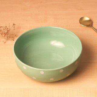 Pastel Green Polka Dots Serving Bowl - Height 7.5 cm | diameter 19 cm | Hand Painted | Hand Textured | Set of 1 | Ceramic | Ideal for serving food items PotteryDen