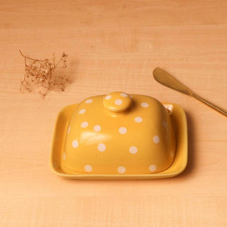 Pastel Yellow Polka Dots Butter Dish- Hand Painted | Hand Textured |  Set of 1 | Ceramic | Ideal for storing the butter - PotteryDen