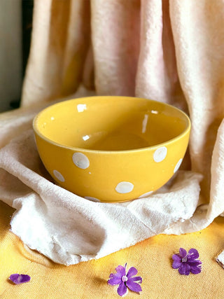 Pastel Yellow Polka Dots Dessert Bowl - Height 4.5 cm | diameter 9.5 cm | Hand Painted | Hand Textured |  Set of 1 | Ceramic | Ideal for serving desserts or curry food items - PotteryDen