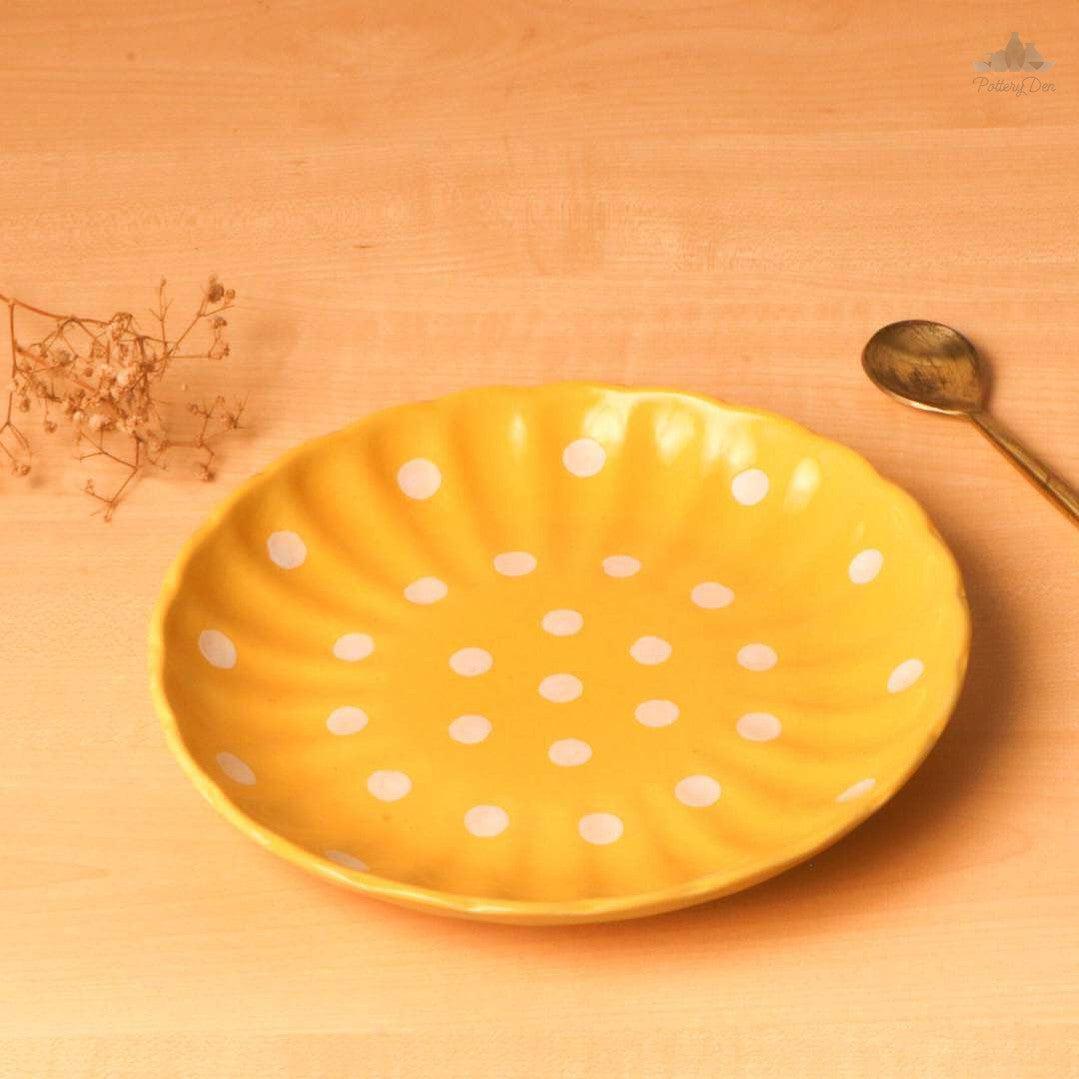 Pastel Yellow Polka Dots Quarter Plate Hand Painted Set of Ceramic Pottery Ideal next to the dinner plate or serving snacks, small food