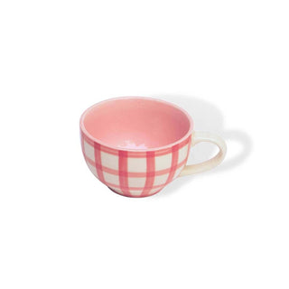 Pink Checks Cappuccino Coffee Cup - Height 6 cm | diameter 10.5 cm |  Hand Painted | Hand Textured |  Set of 1 | Ceramic | 350 ml | Ideal for Tea and Coffee - PotteryDen