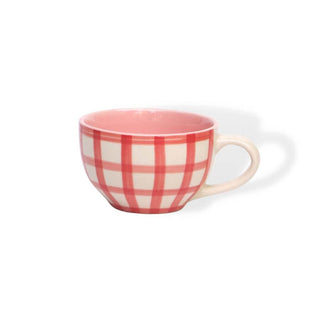 Pink Checks Cappuccino Coffee Cup - Height 6 cm | diameter 10.5 cm | Hand Painted | Hand Textured | Set of 1 | Ceramic | 350 ml | Ideal for Tea and Coffee PotteryDen
