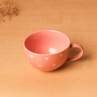 Pink Loveable Hearts Cappuccino Cup - Height 6 cm | diameter 10.5 cm | Hand Painted | Hand Textured | Set of 1 | Ceramic | 350 ml | Ideal for Tea and Coffee PotteryDen