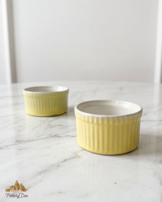 Handcrafted Ceramic Pottery Ramekin Set - Lemon Yellow & White - PotteryDen
