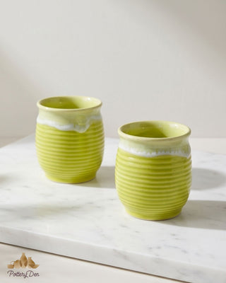 Lime Yellow shaded PotteryDen Kulhad - 100 ml| Hand Painted | Set of 2 | Ceramic Pottery | Ideal for Tea Coffee and cold beverage - PotteryDen
