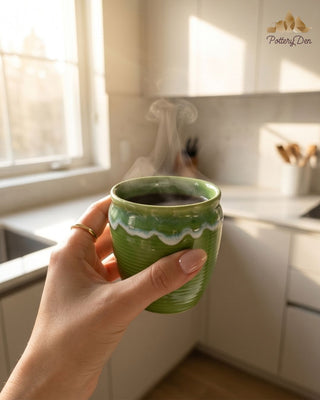 Eco-Chic Lime Green Ceramic Kulhad Set - Handcrafted Pottery - PotteryDen
