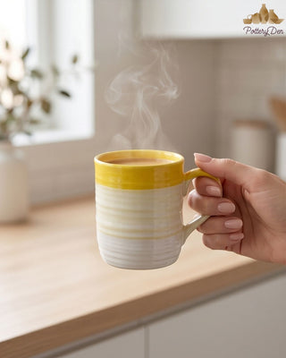 PotteryDen Handcrafted Lime Yellow Ceramic Pottery Mug Set - PotteryDen