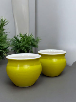 Lime yellow PotteryDen Kulhad | Hand Painted |  Set of 2  | Ceramic Pottery | Ideal for Tea Coffee and cold beverage - PotteryDen