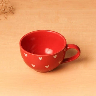 Red Lovable Hearts Cappuccino Cup - Height 6 cm | diameter 10.5 cm | Hand Painted | Hand Textured | Set of 1 | Ceramic | 350 ml | Ideal for Tea and Coffee PotteryDen