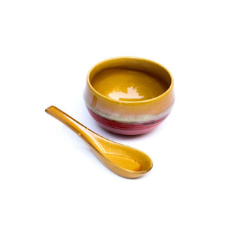 Red & Mustard Soup Bowl With Spoon - Height 6 cm | diameter 10 cm | Hand Painted | Hand Textured |  Set of 1 | Ceramic | Ideal for soup serving - PotteryDen