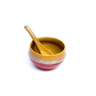 Red & Mustard Soup Bowl With Spoon - Height 6 cm | diameter 10 cm | Hand Painted | Hand Textured | Set of 1 | Ceramic | Ideal for soup serving PotteryDen