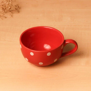 Red Polka Dots Coffee Cup - Height 6 cm | diameter 10.5 cm | Hand Painted | Hand Textured |    Set of 1 | Ceramic | 350 ml | Ideal for Tea and Coffee - PotteryDen