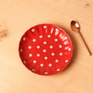 Red Polka Dots Quarter Plate | Hand Painted |  Set of 1 | Ceramic Pottery | Ideal next to the dinner plate or serving snacks, small food items - PotteryDen