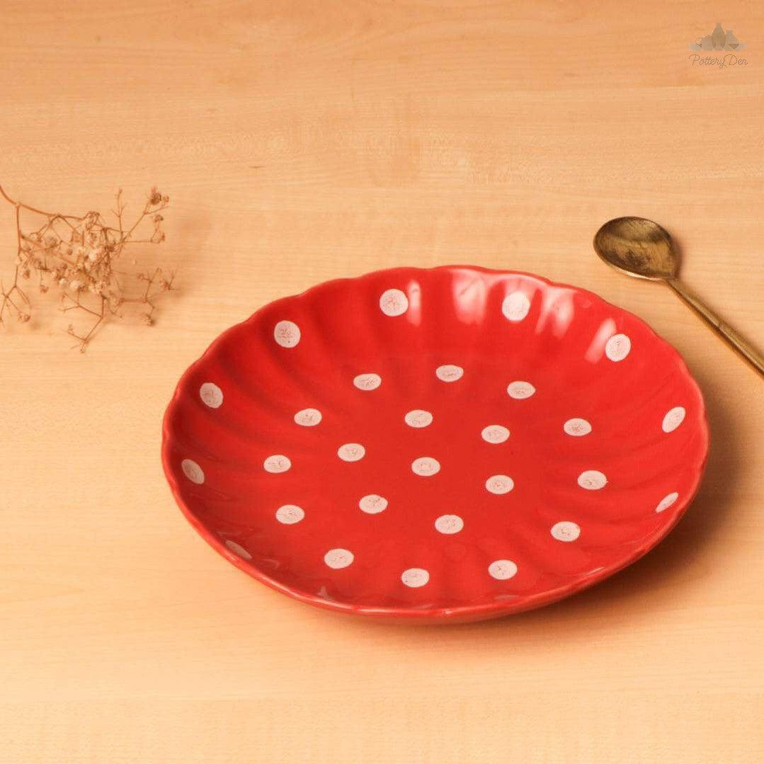 Red Polka Dots Quarter Plate Hand Painted Set of Ceramic Pottery Ideal next to the dinner plate or serving snacks, small food items