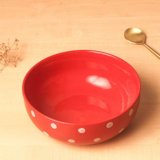 Red Polka Dots Serving Bowl- Height 7.5 cm | diameter 19 cm | Hand Painted | Hand Textured | Set of 1 | Ceramic | Ideal for serving food items PotteryDen