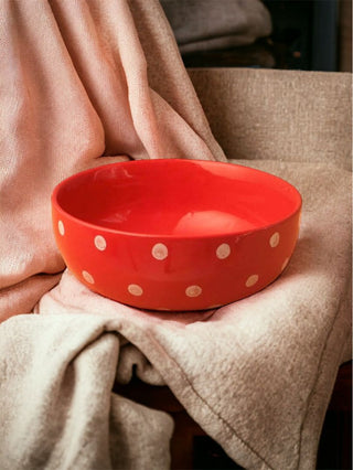 Red Polka Dots Serving Bowl- Height 7.5 cm | diameter 19 cm | Hand Painted | Hand Textured | Set of 1 | Ceramic | Ideal for serving food items PotteryDen