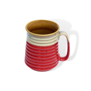 Red and Mustard PotteryDen Beer Mug - Height 12 cm | diameter 9 cm | Hand Painted | Hand Textured |  Set of 1 | Ceramic | Ideal for drinking beer - PotteryDen