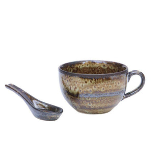 Rustic brown soup cup with spoon - Height 7 cm | diameter 11 cm | Hand Painted | Hand Textured | Set of 1 | Ceramic | Ideal for soup serving PotteryDen