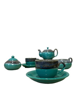 Teal green and Ivory Shaded Tea Set  - Hand Painted | Hand Textured |  Set of 7 | Ceramic | Ideal for serving food items - PotteryDen