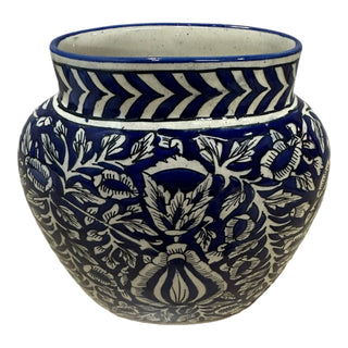 Traditional Blue & White Vase - Height 20 cm | Length 16 cm | Hand Painted | Hand Textured |  Set of 1 | Ceramic | Ideal for flower decorations - PotteryDen