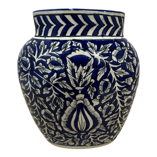 Traditional Blue & White Vase - Height 20 cm | Length 16 cm | Hand Painted | Hand Textured |  Set of 1 | Ceramic | Ideal for flower decorations - PotteryDen