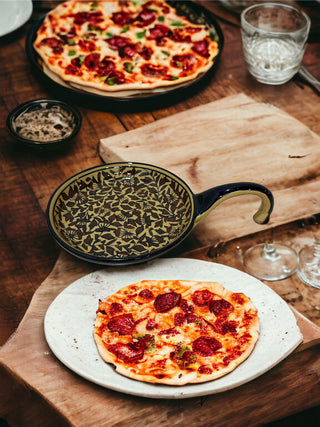 Traditional Brown and Mustard Pizza Plate - Length 30 cm | diameter 19 cm | Hand Painted | Hand Textured |  Set of 1 | Ceramic | Ideal for cooking and serving pizza - PotteryDen