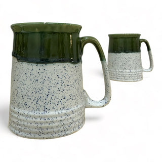White blue speckles and olive green shaded PotteryDen Beer Mug - Height 12 cm | diameter 9 cm | Hand Painted | Hand Textured | Set of 2 | Ceramic | Ideal for drinking beer PotteryDen