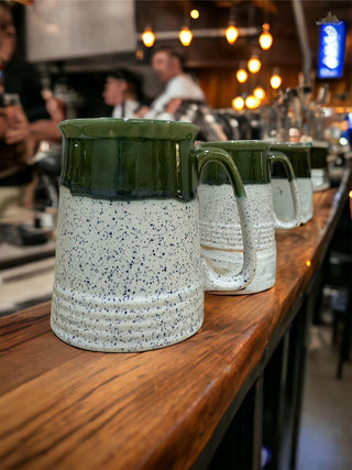 White blue speckles and olive green shaded PotteryDen Beer Mug | Height 12 cm | Diameter 9 cm | Hand Painted |  Set of 2 | Ceramic Pottery | Ideal for drinking beer - PotteryDen