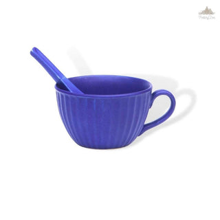 Blue royal soup cup with spoon | Height 7 cm | Diameter 11 cm | Hand Painted |  Set of 1 | Ceramic Pottery | Ideal for soup serving - PotteryDen