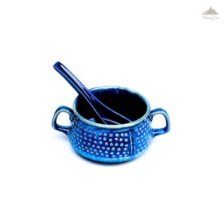 Blue Two Handle Soup Cup with Spoon | Height 7 cm | Diameter 11 cm | Hand Painted |  Set of 1 | Ceramic Pottery | Ideal for soup serving - PotteryDen