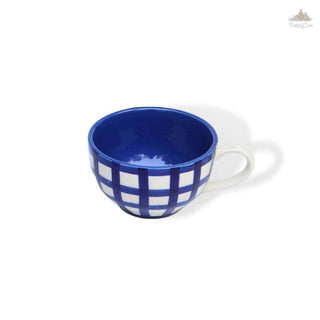 Blue Checks Cappuccino Coffee Cup | Height 6 cm | Diameter 10.5 cm |  Hand Painted |  Set of 1 | Ceramic Pottery | 350 ml | Ideal for Tea and Coffee - PotteryDen